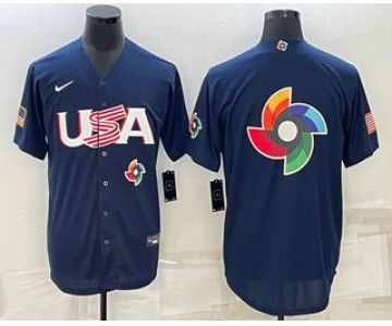 Men's USA Baseball Blank 2023 Navy World Baseball Big Logo Classic Stitched Jersey