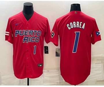 Mens Puerto Rico Baseball #1 Carlos Correa Number 2023 Red World Baseball Classic Stitched Jersey