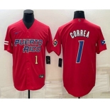 Men's Puerto Rico Baseball #1 Carlos Correa Number 2023 Red World Baseball Classic Stitched Jerseys