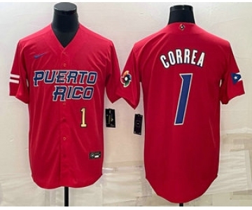 Men's Puerto Rico Baseball #1 Carlos Correa Number 2023 Red World Baseball Classic Stitched Jerseys