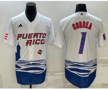 Men's Puerto Rico Baseball #1 Carlos Correa White 2023 World Baseball Classic Stitched Jersey