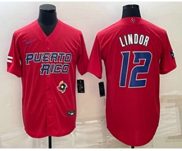 Men's Puerto Rico Baseball #12 Francisco Lindor 2023 Red World Baseball Classic Stitched Jersey