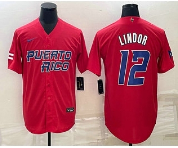 Men's Puerto Rico Baseball #12 Francisco Lindor 2023 Red World Baseball Classic Stitched Jerseys