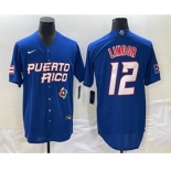 Men's Puerto Rico Baseball #12 Francisco Lindor 2023 Royal World Classic Stitched Jersey