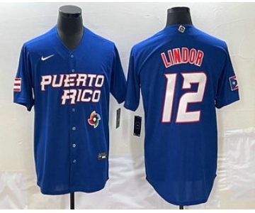 Men's Puerto Rico Baseball #12 Francisco Lindor 2023 Royal World Classic Stitched Jersey