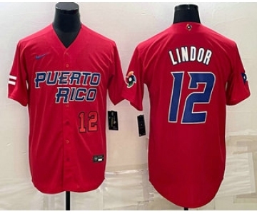 Mens Puerto Rico Baseball #12 Francisco Lindor Number 2023 Red World Baseball Classic Stitched Jersey