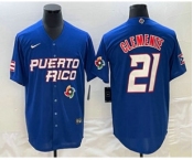 Men's Puerto Rico Baseball #21 Roberto Clemente 2023 Blue World Classic Stitched Jersey