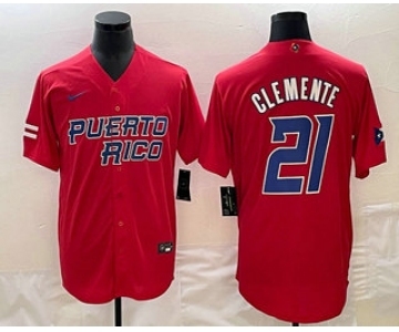 Men's Puerto Rico Baseball #21 Roberto Clemente 2023 Red World Classic Stitched Jerseys