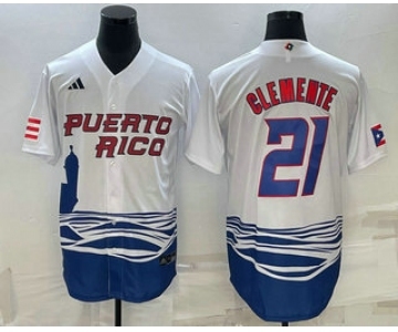 Men's Puerto Rico Baseball #21 Roberto Clemente 2023 White World Baseball Classic Stitched Jerseys