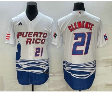 Men's Puerto Rico Baseball #21 Roberto Clemente Number 2023 White World Baseball Classic Stitched Jersey