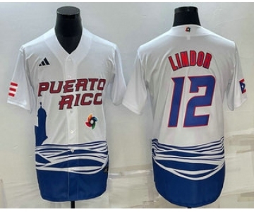 Men's Puerto Rico Baseball #23 Francisco Lindor White 2023 World Baseball Classic Stitched Jersey