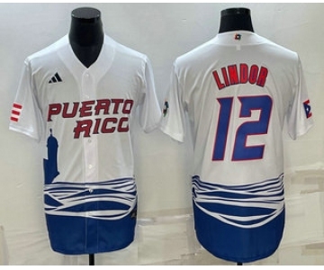 Men's Puerto Rico Baseball #23 Francisco Lindor White 2023 World Baseball Classic Stitched Jerseys