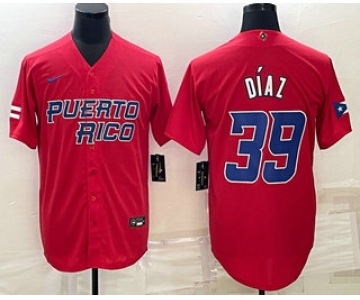 Men's Puerto Rico Baseball #39 Edwin Diaz 2023 Red World Baseball Classic Stitched Jersey