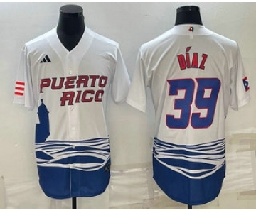 Men's Puerto Rico Baseball #39 Edwin Diaz 2023 White World Baseball Classic Stitched Jersey