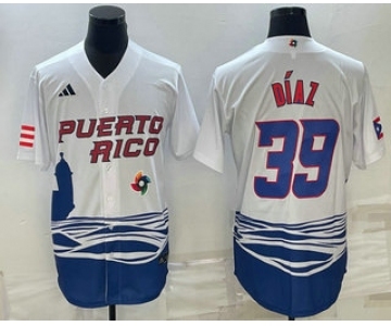 Men's Puerto Rico Baseball #39 Edwin Diaz 2023 White World Baseball Classic Stitched Jerseys