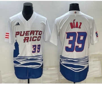 Men's Puerto Rico Baseball #39 Edwin Diaz Number 2023 White World Baseball Classic Stitched Jersey