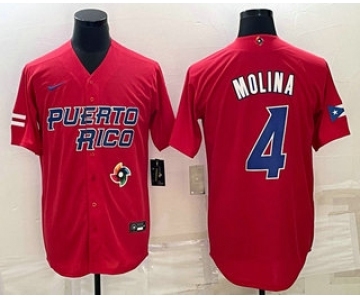 Men's Puerto Rico Baseball #4 Yadier Molina 2023 Red World Baseball Classic Stitched Jersey