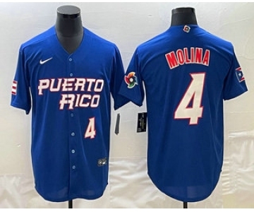 Mens Puerto Rico Baseball #4 Yadier Molina Number 2023 Blue World Baseball Classic Stitched Jersey