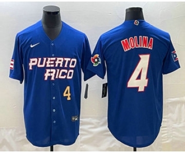 Men's Puerto Rico Baseball #4 Yadier Molina Number 2023 Blue World Baseball Classic Stitched Jerseys