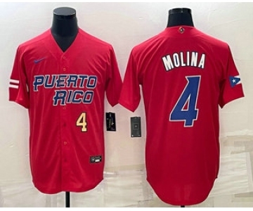 Mens Puerto Rico Baseball #4 Yadier Molina Number 2023 Red World Baseball Classic Stitched Jersey