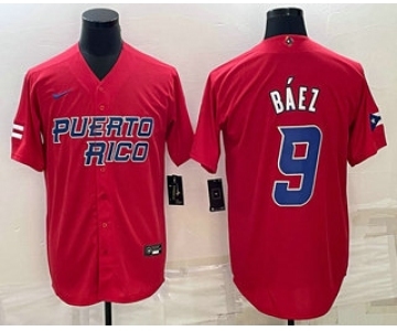 Men's Puerto Rico Baseball #9 Javier Baez 2023 Red World Baseball Classic Stitched Jersey