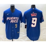 Mens Puerto Rico Baseball #9 Javier Baez Number 2023 Blue World Baseball Classic Stitched Jersey