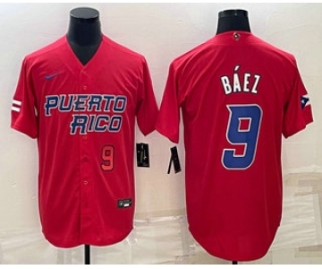 Mens Puerto Rico Baseball #9 Javier Baez Number 2023 Red World Baseball Classic Stitched Jersey