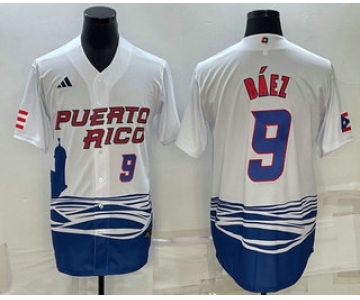 Mens Puerto Rico Baseball #9 Javier Baez Number White 2023 World Baseball Classic Stitched Jersey