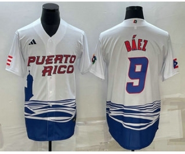 Men's Puerto Rico Baseball #9 Javier Baez White 2023 World Baseball Classic Stitched Jersey