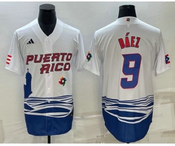 Men's Puerto Rico Baseball #9 Javier Baez White 2023 World Baseball Classic Stitched Jerseys