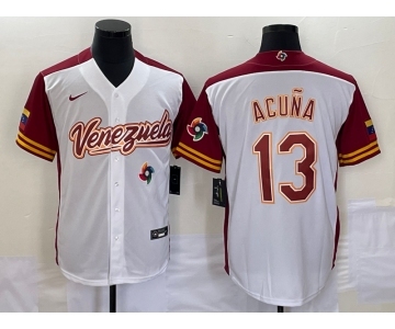 Men's Venezuela Baseball #13 Ronald Acuna Jr 2023 White Red World Classic Stitched Jersey