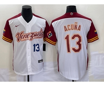 Men's Venezuela Baseball #13 Ronald Acuna Jr Number 2023 White Red World Classic Stitched Jersey1