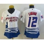 Women's Puerto Rico Baseball #12 Francisco Lindor 2023 White World Classic Stitched Jersey