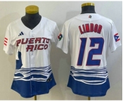 Women's Puerto Rico Baseball #12 Francisco Lindor 2023 White World Classic Stitched Jersey