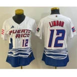 Women's Puerto Rico Baseball #12 Francisco Lindor Number 2023 White World Classic Stitched Jersey