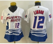 Women's Puerto Rico Baseball #12 Francisco Lindor Number 2023 White World Classic Stitched Jersey