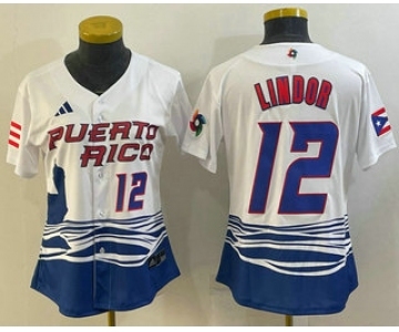 Women's Puerto Rico Baseball #12 Francisco Lindor Number 2023 White World Classic Stitched Jersey