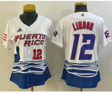 Women's Puerto Rico Baseball #12 Francisco Lindor Number 2023 White World Classic Stitched Jerseys