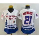 Women's Puerto Rico Baseball #21 Roberto Clemente 2023 White World Classic Stitched Jersey