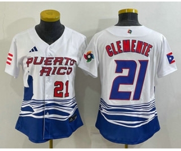 Women's Puerto Rico Baseball #21 Roberto Clemente Number 2023 White World Classic Stitched Jersey