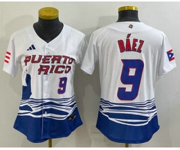 Women's Puerto Rico Baseball #9 Javier Baez Number White 2023 World Baseball Classic Stitched Jersey