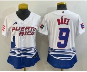 Women's Puerto Rico Baseball #9 Javier Baez White 2023 World Baseball Classic Stitched Jersey