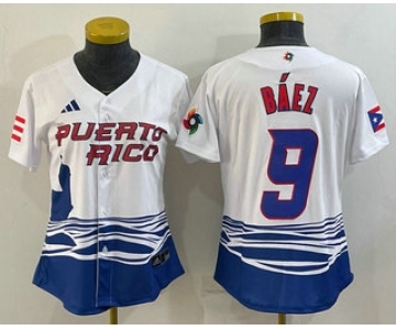 Women's Puerto Rico Baseball #9 Javier Baez White 2023 World Baseball Classic Stitched Jersey