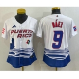 Women's Puerto Rico Baseball #9 Javier Baez White 2023 World Baseball Classic Stitched Jerseys