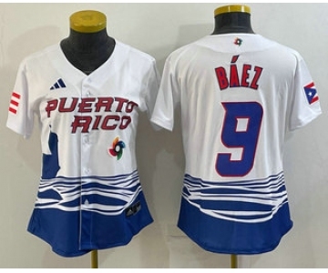 Women's Puerto Rico Baseball #9 Javier Baez White 2023 World Baseball Classic Stitched Jerseys