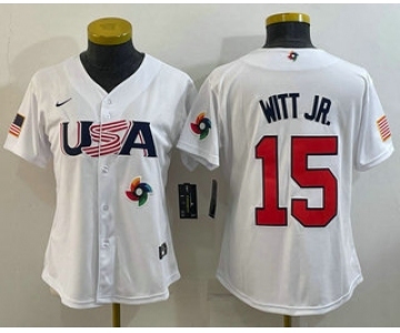 Women's USA Baseball #15 Bobby Witt Jr 2023 White World Classic Replica Stitched Jersey