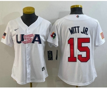 Women's USA Baseball #15 Bobby Witt Jr 2023 White World Classic Replica Stitched Jerseys