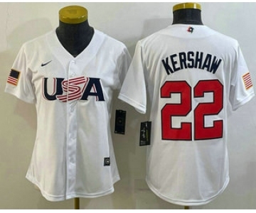 Women's USA Baseball #22 Clayton Kershaw 2023 White World Classic Stitched Jersey