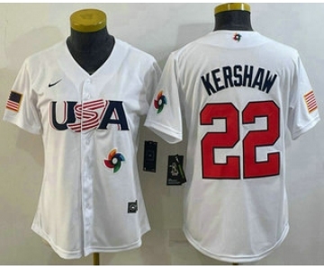 Women's USA Baseball #22 Clayton Kershaw 2023 White World Classic Stitched Jerseys