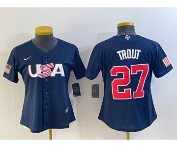 Women's USA Baseball #27 Mike Trout Number 2023 Navy World Classic Stitched Jersey1